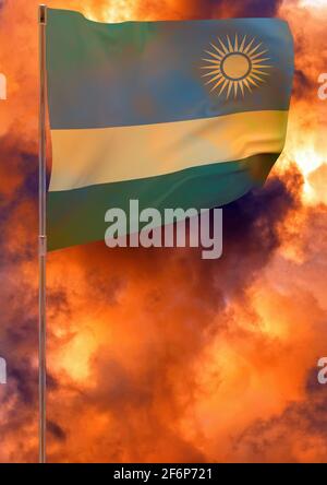 Bandiera del Ruanda con sfondo cielo. Striscione ondulato. Bandiera nazionale del Ruanda Foto Stock