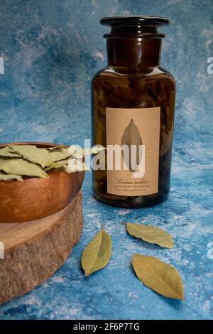 Dray Laurus nobilis Leafs in una piastra di legno e bottiglia di vetro botanico scuro . Foto Stock
