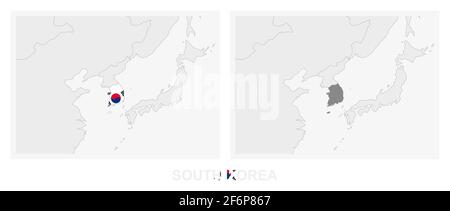 Due versioni della mappa della Corea del Sud, con la bandiera della Corea del Sud ed evidenziata in grigio scuro. Mappa vettoriale. Illustrazione Vettoriale