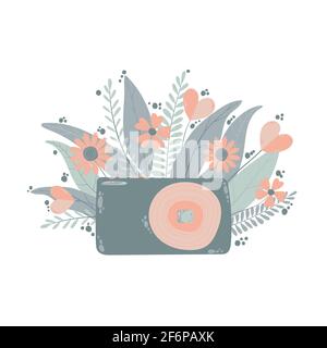 Carino e colorato fotocamera digitale con flowers in stile cartoon piatto. Fotocamera compatta disegnata a mano Vector con illustrazione floreale con colori pastello. Illustrazione Vettoriale