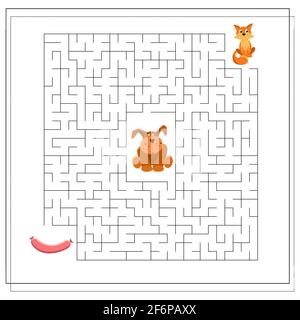 Un gioco di labirinto per i bambini. Guida il gatto attraverso il labirinto alla salsiccia, in modo da non arrivare al cane. Vettore isolato su sfondo bianco Illustrazione Vettoriale