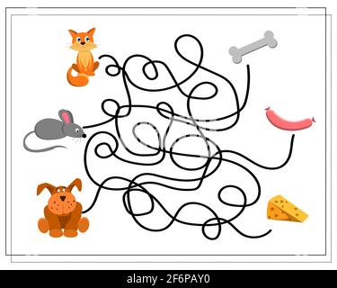 Un gioco di labirinto per i bambini. Dove è il cibo. Guida il gatto, il cane, il mouse attraverso il labirinto intricato al cibo giusto. Vettore isolato su un backgrou bianco Illustrazione Vettoriale