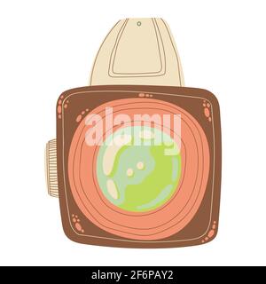 Carino fotocamera retro icona in cartoon flat design. Fotocamera di vecchio stile con clip art con impugnatura a batteria in stile doodle. Illustrazione vettoriale isolata su whit Illustrazione Vettoriale
