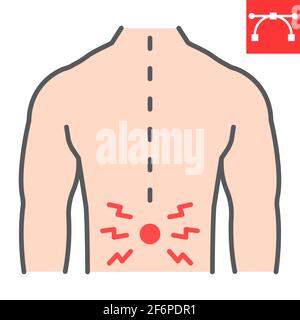 Icona della linea di colore del dolore alla schiena, dolore alla colonna vertebrale e schiena umana, icona vettore del mal di schiena, grafica vettoriale, segno del contorno riempito con tratto modificabile, eps 10. Illustrazione Vettoriale