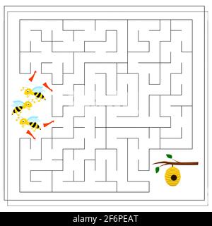 Un gioco di labirinto per bambini. Guida le api attraverso il labirinto fino all'alveare. Vettore isolato su sfondo bianco Illustrazione Vettoriale