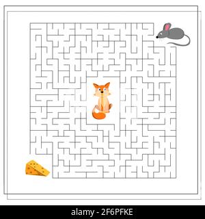 Un gioco di labirinto per bambini. Guida il mouse attraverso il labirinto al formaggio, in modo da non arrivare al gatto. Vettore isolato su sfondo bianco Illustrazione Vettoriale