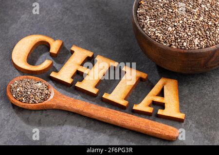 Parola chia in lettere di legno - Salvia hispanica Foto Stock