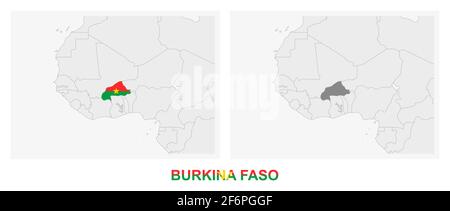 Due versioni della mappa del Burkina Faso, con la bandiera del Burkina Faso e evidenziata in grigio scuro. Mappa vettoriale. Illustrazione Vettoriale