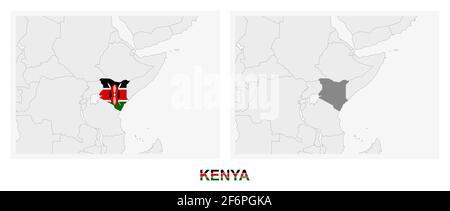 Due versioni della mappa del Kenya, con la bandiera del Kenya ed evidenziata in grigio scuro. Mappa vettoriale. Illustrazione Vettoriale