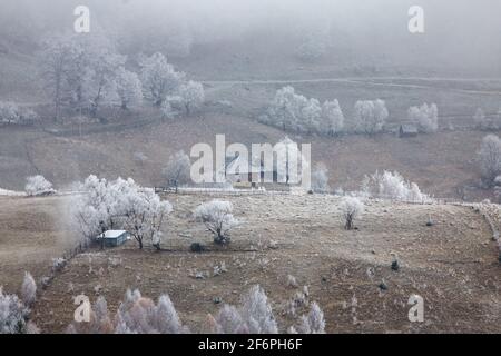 Paesaggio ghiacciato invernale del bellissimo villaggio transilvaniano, Bran, con neve fresca, ai piedi dei Monti Carpazi Foto Stock