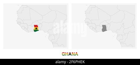 Due versioni della mappa del Ghana, con la bandiera del Ghana ed evidenziata in grigio scuro. Mappa vettoriale. Illustrazione Vettoriale