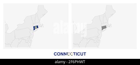 Due versioni della mappa del Connecticut di Stato degli Stati Uniti, con la bandiera del Connecticut ed evidenziato in grigio scuro. Mappa vettoriale. Illustrazione Vettoriale