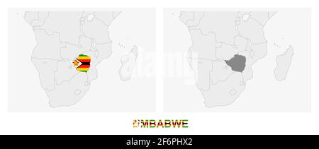 Due versioni della mappa dello Zimbabwe, con la bandiera dello Zimbabwe ed evidenziata in grigio scuro. Mappa vettoriale. Illustrazione Vettoriale