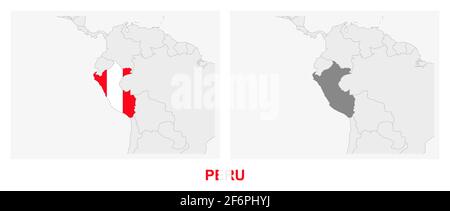 Due versioni della mappa del Perù, con la bandiera del Perù e evidenziato in grigio scuro. Mappa vettoriale. Illustrazione Vettoriale