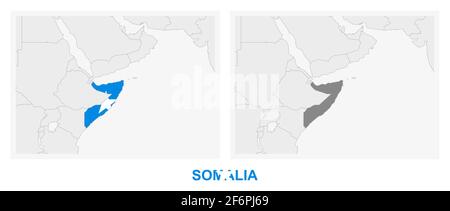 Due versioni della mappa somala, con la bandiera somala e evidenziata in grigio scuro. Mappa vettoriale. Illustrazione Vettoriale