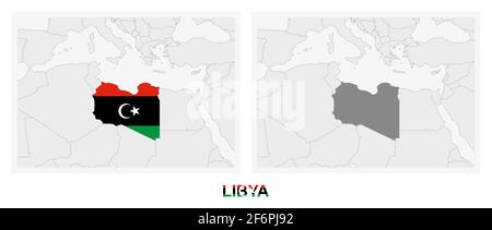 Due versioni della mappa della Libia, con la bandiera della Libia ed evidenziata in grigio scuro. Mappa vettoriale. Illustrazione Vettoriale
