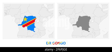 Due versioni della mappa della Repubblica Democratica del Congo, con la bandiera della Repubblica Democratica del Congo e evidenziata in grigio scuro. Mappa vettoriale. Illustrazione Vettoriale