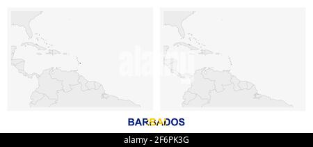 Due versioni della mappa delle Barbados, con la bandiera delle Barbados e evidenziato in grigio scuro. Mappa vettoriale. Illustrazione Vettoriale
