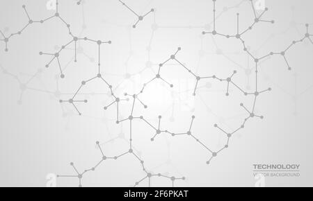 Molecole astratte su sfondo tecnologico grigio chiaro. Progettazione medica, concetto scientifico e tecnologico. Strutture molecolari o filamento di dna. Illustrazione Vettoriale