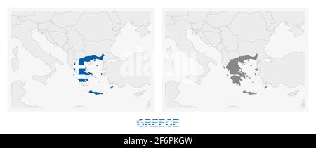 Due versioni della mappa della Grecia, con la bandiera della Grecia ed evidenziata in grigio scuro. Mappa vettoriale. Illustrazione Vettoriale