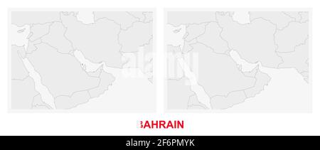 Due versioni della mappa del Bahrein, con la bandiera del Bahrein ed evidenziata in grigio scuro. Mappa vettoriale. Illustrazione Vettoriale