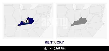 Due versioni della mappa dello stato degli Stati Uniti del Kentucky, con la bandiera del Kentucky ed evidenziato in grigio scuro. Mappa vettoriale. Illustrazione Vettoriale