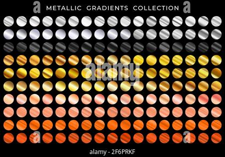 Oro, bronzo, argento, rame, rosa oro e nero texture gradazione sfondo set. Gradienti metallici vettoriali. Gradienti eleganti, luminosi e luminosi Illustrazione Vettoriale