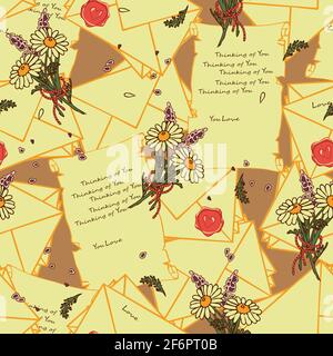 Motivo vettoriale senza cuciture con lettere d'amore vintage su sfondo marrone. Design romantico della carta da parati. Tessuti di moda antichi. Illustrazione Vettoriale