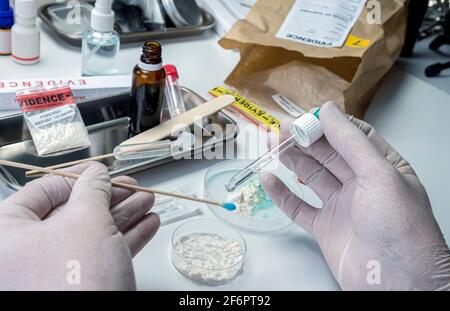 La polizia indaga positivo per le droghe in laboratorio di criminalità, immagine concettuale Foto Stock