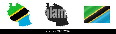Tanzania. Mappa con bandiera mascherata. Silhouette dettagliata. Flag di ondulazione. Illustrazione isolata su bianco. Foto Stock