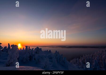 Tramonto visto dalla cima di Rukatunturi, un caduto e uno skicenter in Lapponia finlandese, a metà inverno tramonto Foto Stock