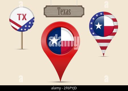 Texas Stati Uniti bandiera rotonda. Puntino mappa, marcatore mappa rosso, puntatore posizione. Segno di legno appeso in stile vintage. Illustrazione. Stelle e strisce americane Fla Foto Stock