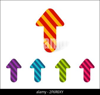 Serie di frecce colorate rivolte verso l'alto. Nuove frecce a strisce luminose per i tuoi progetti. Dinamo isolato su sfondo bianco. Illustrazione Vettoriale