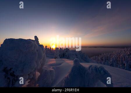 Tramonto visto dalla cima di Rukatunturi, un caduto e uno skicenter in Lapponia finlandese, a metà inverno tramonto Foto Stock