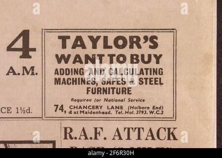 Pubblicità per Taylor's di Chancery Lane nel Daily Telegraph (replica), 18 maggio 1943, il giorno dopo il raid Dam Busters. Foto Stock