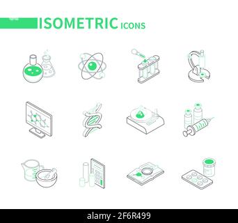 Scienza e medicina - moderna linea di icone isometriche set. Educazione e studio, laboratorio, concetto di ricerca. Matracci e provette, microscopio, DNA molecolare Illustrazione Vettoriale