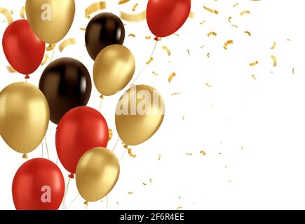 Palloncini rossi, neri e dorati e confetti dorati. Vector berlina lucida e realistica su sfondo trasparente Illustrazione Vettoriale