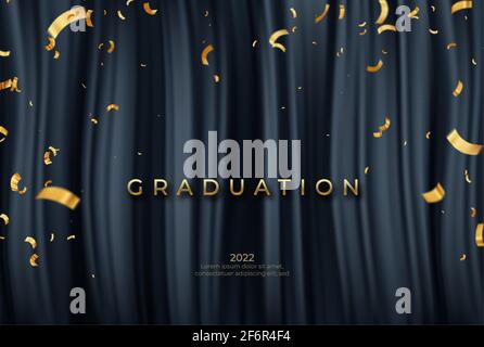 Congratulazioni Graduate modello con nastri dorati su sfondo nero drappeggi. Illustratore vettoriale Illustrazione Vettoriale