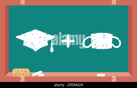Equazione disegnata da gesso - mortarboard più maschera protettiva. Metafora della laurea durante la pandemia COVID-19. Cerimonia di laurea 2021 Illustrazione Vettoriale