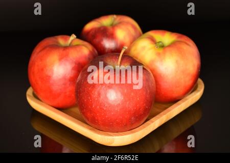 Quattro mele rosse dolci biologiche mature Jonathan, primo piano, su un vassoio di bambù la mela più vicina è a fuoco. Lo sfondo è nero. Foto Stock