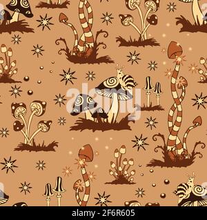 Modello vettoriale senza cuciture con funghi marroni su sfondo beige. Fantasy Forest wallpaper design. Magic moda fungino tessile. Illustrazione Vettoriale