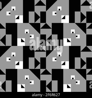 Motivo vettoriale senza cuciture con conigli quadrati su sfondo nero. Disegno geometrico della carta da parati animale per i bambini. Semplice coniglietto di moda tessile. Illustrazione Vettoriale