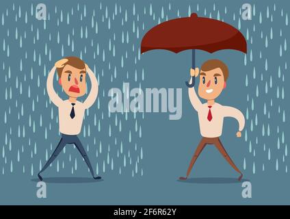 Uomo sotto la pioggia. Uomo d'affari corre dalla pioggia mentre un altro uomo d'affari ha l'ombrello. Illustrazione Vettoriale
