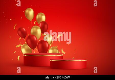Scenario rosso podio foto studio. Compleanno, festa, tema di natale. Illustrazione Vettoriale