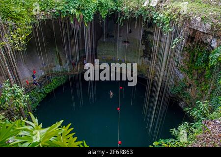 I turisti nuotano nel Cenote Ik Kil, una dolina piena d'acqua fuori Pisté nel comune di Tinúm vicino a Chichen Itza, Yucatán, Messico Foto Stock