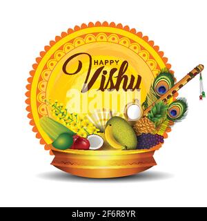 Auguri di buon Vishu. Aprile 14 Kerala festival con Vishu Kani, vishu fiori frutta e verdura in un vaso di bronzo. Disegno di illustrazione vettoriale Illustrazione Vettoriale