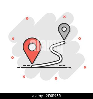 Distanza icona pin in stile fumetto. La navigazione gps vettore illustrazione cartoon bianco su sfondo isolato. Comunicazione business viaggi concetto splas Illustrazione Vettoriale