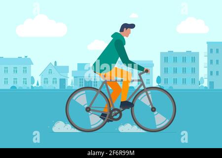 Bicicletta da corsa maschile Hipster sulla strada della città. Attività di svago dei giovani ciclista nella strada cittadina. Elegante ragazzo su bicicletta piatta vettore eps illustrazione Illustrazione Vettoriale