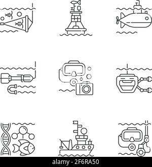 Set di icone lineari per l'esplorazione marina Illustrazione Vettoriale