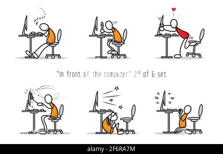 Insieme vettoriale di umorismo cartone animato uomo di fronte a un computer in diversi atteggiamenti e pose. Stampa illustrazione. Illustrazione Vettoriale